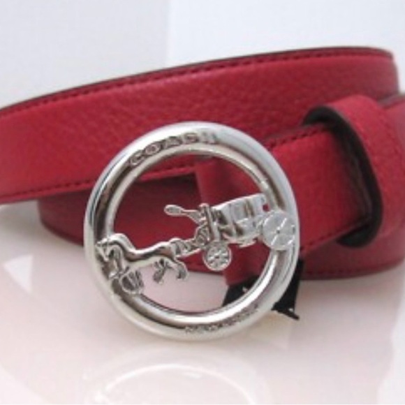Coach Red and Brown Leather Belt with Silver Coach Logo Buckle - Picture 6 of 6